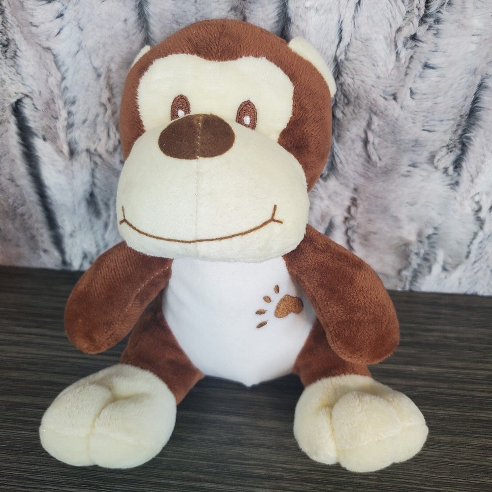 World Plush Brown And Cream Monkey With Embroidered Paw Print On Belly + Ribbon
